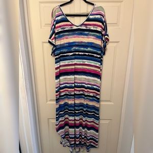 LuLaRoe Macy Short Sleeve Curved Hem Maxi Dress Plus Size 3X Multi Color Stripes